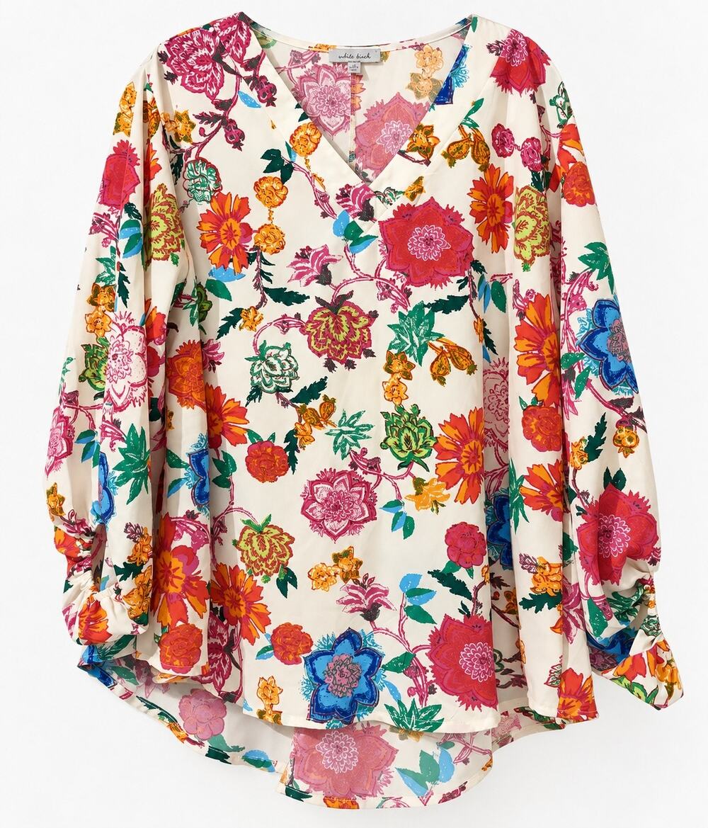 White Birch Womens L Floral Boho Tunic Blouse V Neck Balloon Sleeve NWOT